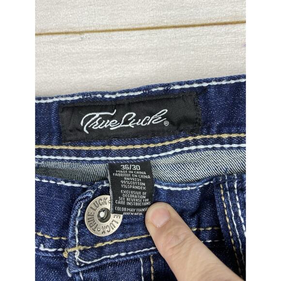 True Luck Jeans Mens 36x30 Blue Denim Dark Wash Straight Leg Distressed Stretch - Picture 3 of 10